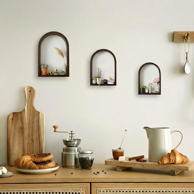3 Set Wall Shelf 9.8 x 7.1 Inch Wooden Hanging Shelf Deep Display Storage Shelves Floating Shelves for Home Office Room Mini Figures Potted Plants Wall Decor(Arched,Brown)