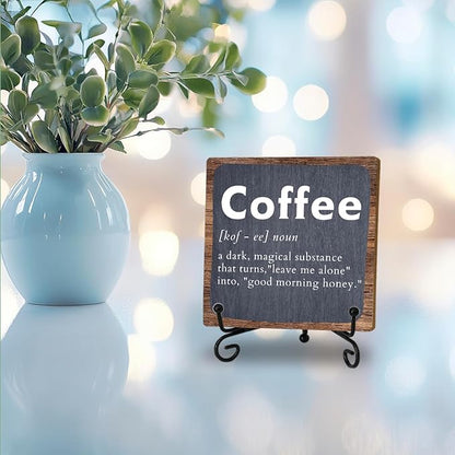 Coffee Bar Decor Accessories, Wooden Sign With Iron Stand For Farmhouse Home Kitchen Table, Coffee Sign for Farmhouse Home Cafe Kitchen Office Bar Shelf Table, Gifts for women Family Friend Coworker