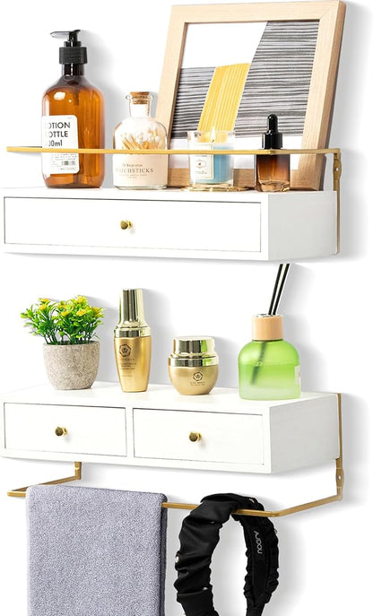 Floating Shelves With Drawers Set of 2, Wall Mounted Bathroom Storage, Rustic Wood Shelves for Bedroom, Living Room, Kitchen, Home Decor, Plants, Books (White)