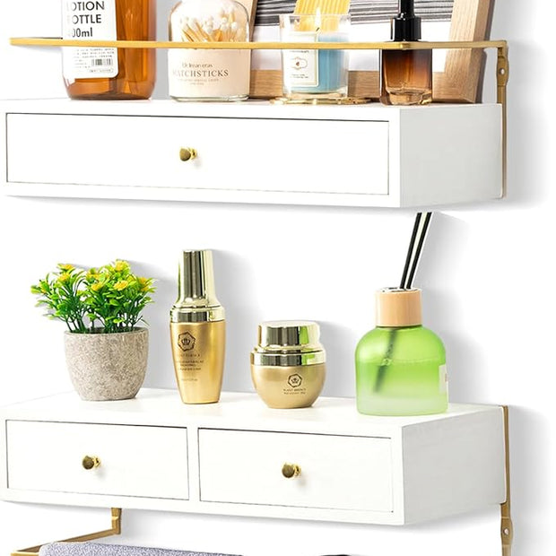 Floating Shelves With Drawers Set of 2, Wall Mounted Bathroom Storage, Rustic Wood Shelves for Bedroom, Living Room, Kitchen, Home Decor, Plants, Books (White)