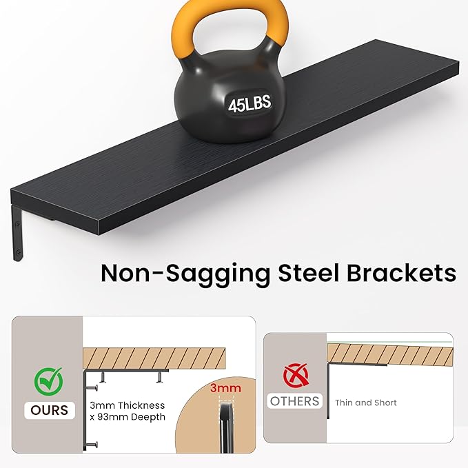 Marsmiles Extra Wide Floating Shelves for Wall, 40x8 Inch Natural Wood Grain Bookshelves, Heavy Duty Mounted Shelving for Bathroom, Kitchen, Living Room, Bedroom,Set of 2，Black