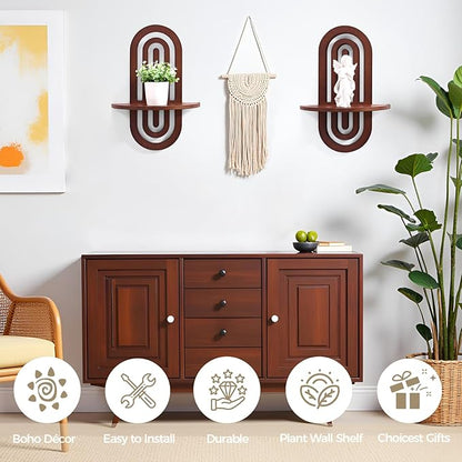 Boho Wall Decor Floating Shelves with Arched Design, Wood Wall Decorative Bohemian Art Display Shelf Set of 2 for Living Room, Bedroom, H 16.7" x W 11.8"