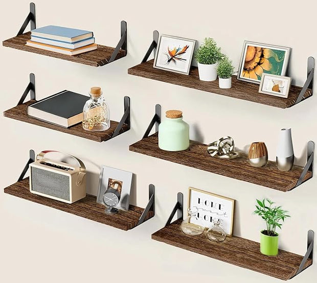 AMADA HOMEFURNISHING Long Wall Shelves, Rustic Farmhouse Style, Wood Floating Shelves for Wall Decor, Bathroom & Bedroom Storage, Living Room Book Shelves, Brown - 6pcs
