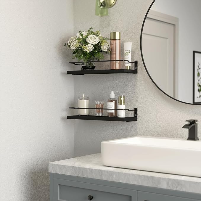RICHER HOUSE Bathroom Shelves, Black Floating Wall Shelf Organizer Over Toilet Storage with 2 Shelves