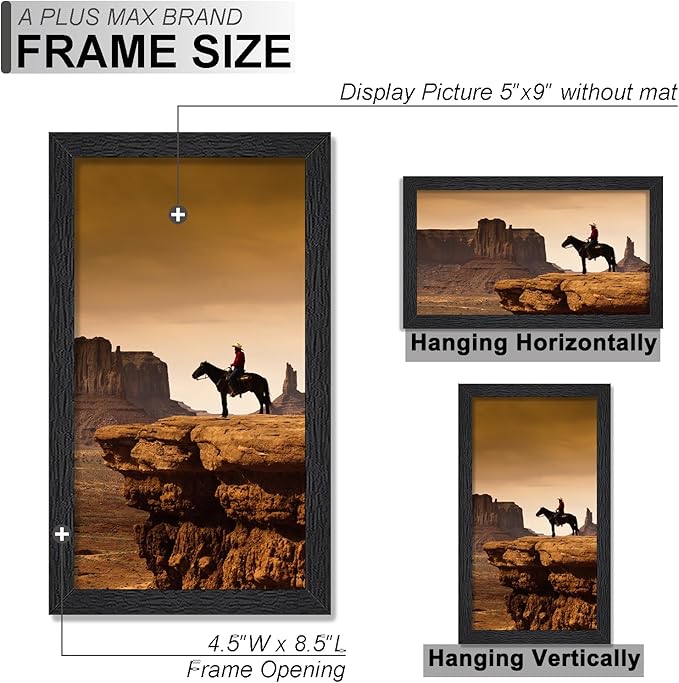 A PLUS MAX 5x9 Picture Frame Set of 2, Black Engineered Wood Frame for 5 x 9 Inch Picture Poster Photo, Light Weight 5 by 9 Frame with Wood-grain for Wall - 2 Pack/Black/5"x9"