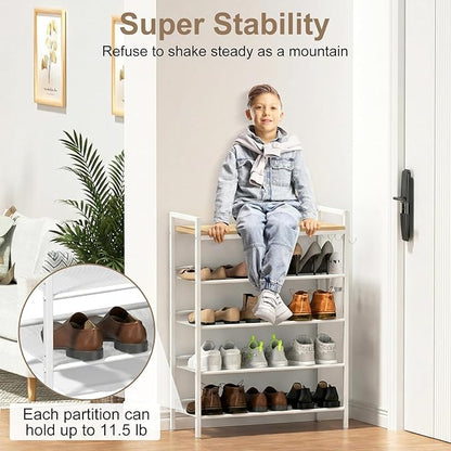 Refrze Shoe Rack for Front Door Entrance, 5 Tier Height-Adjustable Metal Shoe Rack, Sturdy Wooden Top and Tiltable Steel Frame Heavy Duty Shoe Organizer for Bathroom,Bedroom,Kitchen，Include Hook