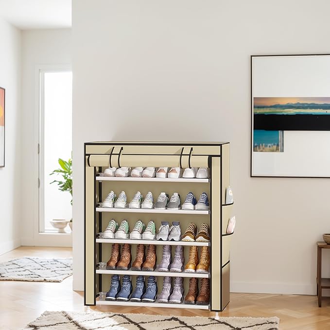 Laiensia 5-Tier Vertical Shoe Rack Organizer, Space Saving Shoe Storage Organizer, Non-Woven Cover Shoe Shelf Holds 20-25Pairs for Bedroom, Hallway, Closet Entryway, Beige