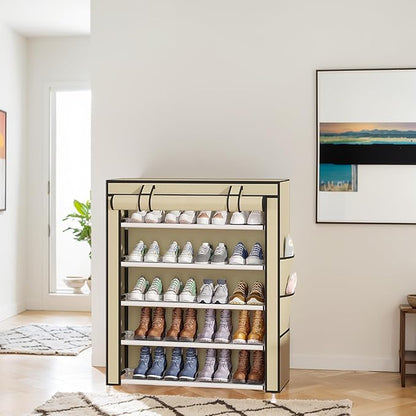 Laiensia 5-Tier Vertical Shoe Rack Organizer, Space Saving Shoe Storage Organizer, Non-Woven Cover Shoe Shelf Holds 20-25Pairs for Bedroom, Hallway, Closet Entryway, Beige