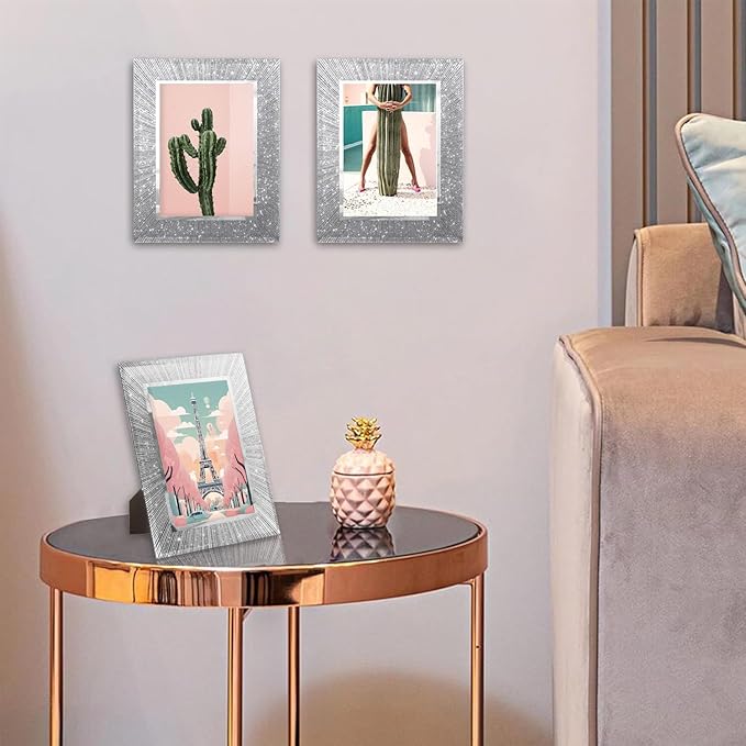 5x7 Picture Frame Glass 2 Pack, Sparkly Glitter Photo Frame 5 x 7 Mirror Crystal Wedding Gift Wall and Tabletop Display