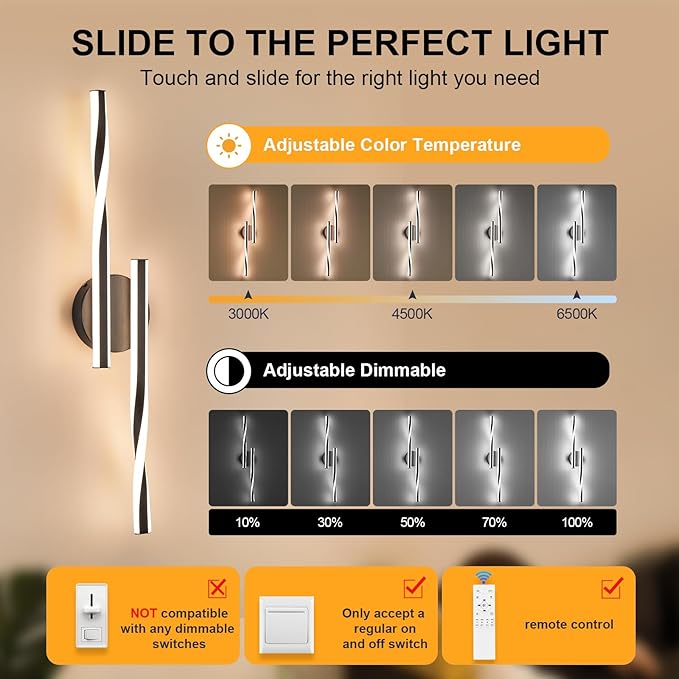 Modern LED Vanity Light Bathroom Black Wall Sconce with Remote Control Modern Bathroom Wall Lighting Fixtures Over Mirror for Bedroom Bedside, Dining Living Room, Hallway (30Inch 3000K-6500K)