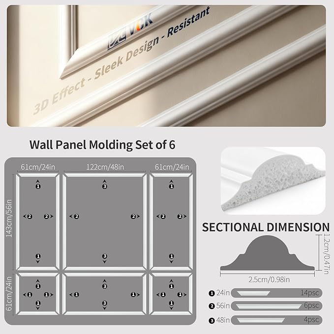 VCK Pre-Cut Wall Molding Kit, Set of 6 | 3D Ready-to-Assemble Wainscoting Panels for Accent Wall Decor | Easy DIY Installation with Glue | for Living Room & Bedroom (3 Top & 3 Bottom)