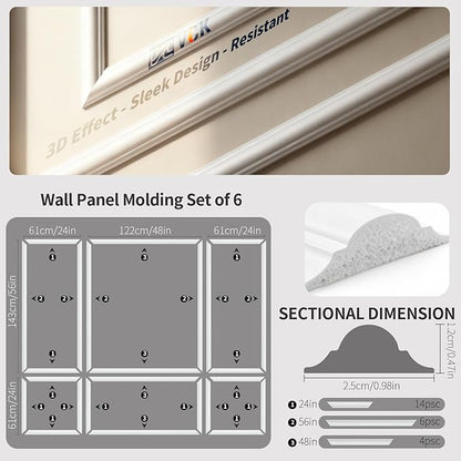 VCK Pre-Cut Wall Molding Kit, Set of 6 | 3D Ready-to-Assemble Wainscoting Panels for Accent Wall Decor | Easy DIY Installation with Glue | for Living Room & Bedroom (3 Top & 3 Bottom)