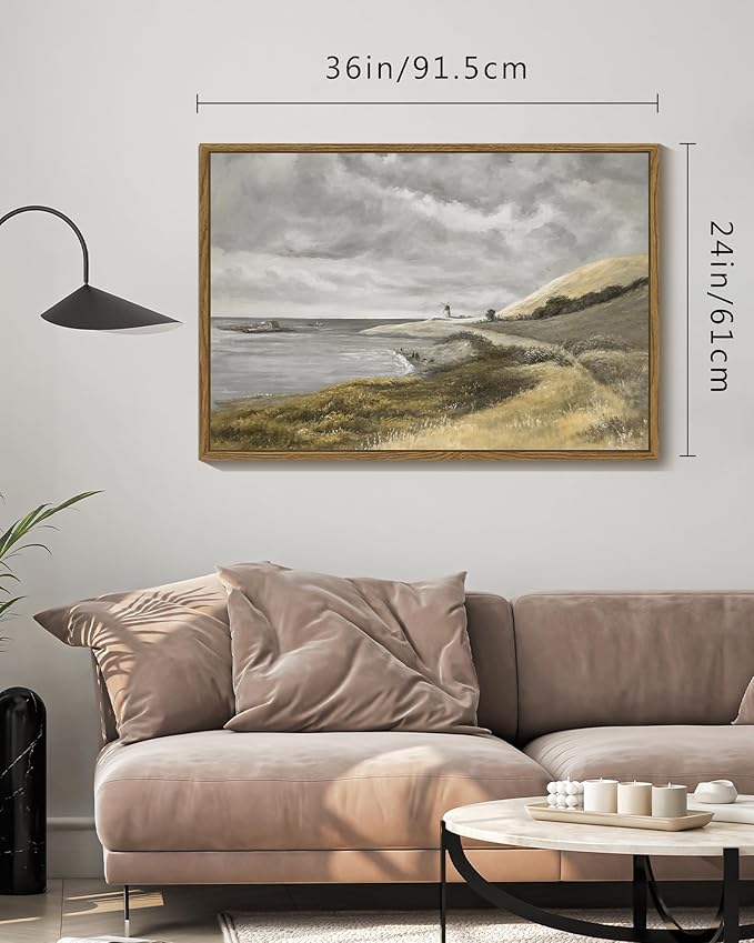 SHENIFY 24x36in Large Coastal Framed Canvas Wall Art Vintage Landscape Seascape Classic Hallway Bedroom Living Room Decor - Natural Framed