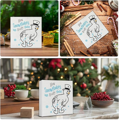 Snowman Christmas Decor, Funny Christmas Decorations, Gag Gifts for Women Men, How Snowflakes Are Made Snowman Wooden Sign Rustic Home Decor 5 x 5 Inches