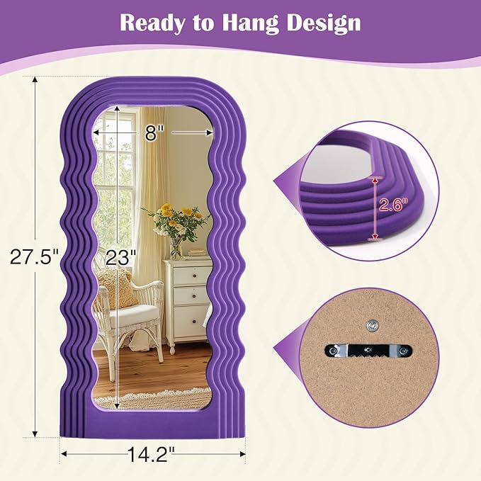 Wavy Wall Mirror for Girly Nursery Bedroom Decoration, 14x28 Noble Decorative Funky Mirrors for Modern Classical Home Office Living Room Housewarming Birthday Gift (Purple)