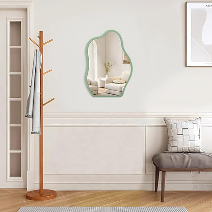 Green Irregular Hanging Wall Mirror Wooden Framed Modern Asymmetrical Mirrors for Wall Artistic Decorative Mirror Wall Decor Mirrors for Bedroom Bathroom Living Room Small 16"x12"