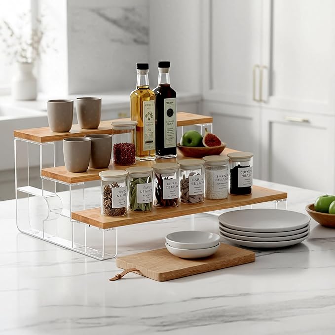 junyuan Spice Rack Organizer for Cabinet,3 Tier Spice Organization for Kitchen,Bathroom Organizers and Storage,Seasoning Countertop Shelf,Bamboo Display Shelves Racks,Clear 11.2