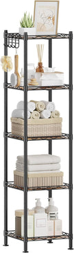SONGMICS 5-Tier Bathroom Shelf, Storage Rack for Small Space, with 5 PP Shelf Liners, Removable Hook, Extendable Design, Ink Black and Rustic Brown ULGR023B02