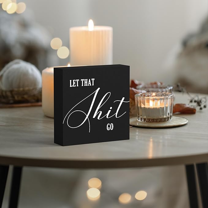 Funny Bathroom Decor Wood Box Sign, Black Farmhouse Toilet Sign with Humor, Restroom Shelf Decor for Guest Bath, Tabletop Countertop