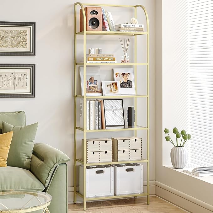 Bookcase Bookshelf, Tempered Glass Arched Bookshelf for More Storage, Slim Shelving Unit for Bedroom, Bathroom, Home Office, Steel Frame, Wide 6 Tier Gold BC22699G