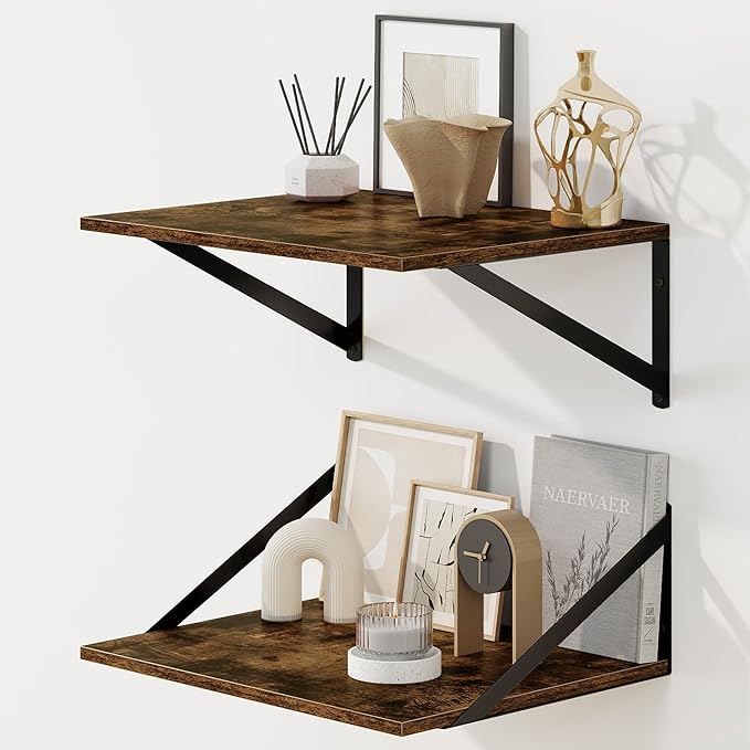 Fun Memories Floating Shelves for Wall, 12 Inch Deep Floating Shelves Set of 2, 16W x 12D Large Wall Shelf with Sturdy Metal Brackets for Living Room, Bathroom, Bedroom and Kitchen, Rustic Brown