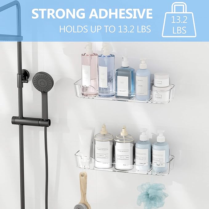 TZAMLI Acrylic Shower Caddy, Wall Mounted Adhesive Shelves with Lip, No Drilling Shower Organizer Clear Shelf for Bathroom Toilet Kitchen Storage, Long