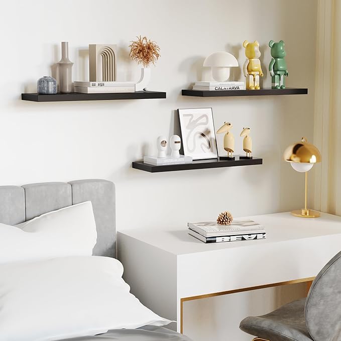 Floating Shelves - Black Wood Wall Shelf Set of 3, 24