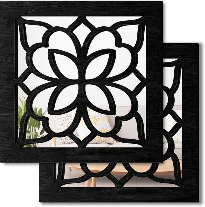 2 PCS Square Wall Mirror,Rustic Farmhouse Wall Mirrors,12 inch Small Mirror Art (style2 Black)