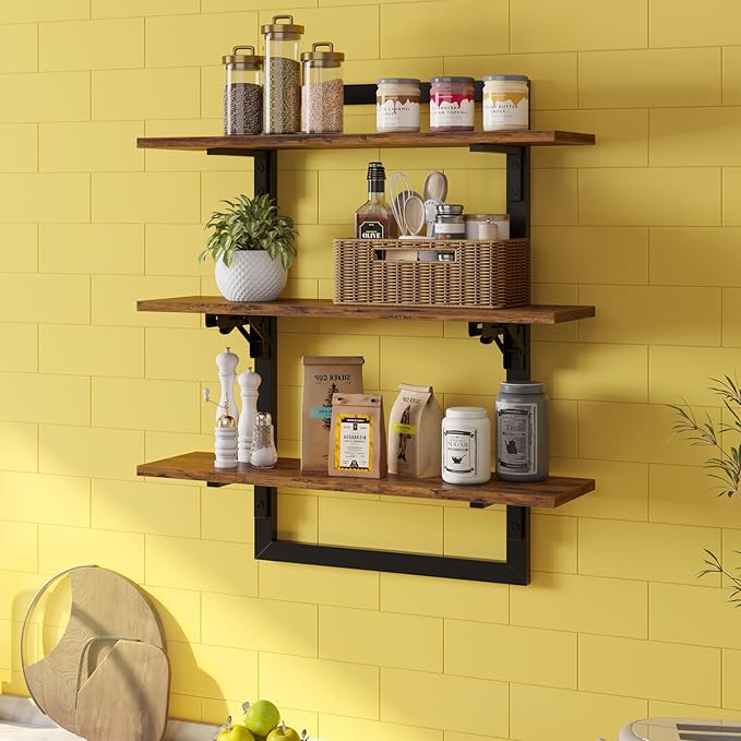 Bestier Floating Shelves for Wall, 24 inch Kitchen Shelves Wall Mounted, 3 Tier Coffee Bar Shelf with Foldable Brackets, Industrial Display Shelf for Bathroom, Living Room, Rustic Brown
