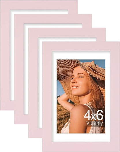 Vittanly 4x6 Picture Frames Set of 4, Display Pictures 3.5x5 with Mat or 4x6 without Mat, Small Photo Frames for Wall or Tabletop Display, Engineered Wood with Shatter Resistant Plexiglass, Pale Pink