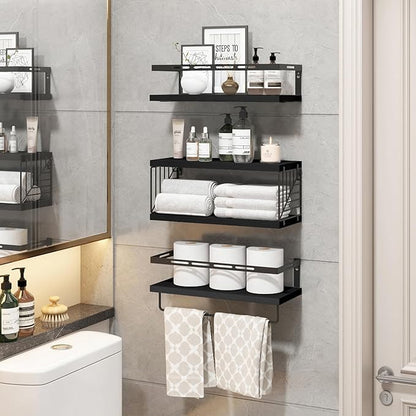Fixwal 3+1 Tier Wall Mounted Bathroom Shelves Over Toilet, Rustic Wood Floating Shelves with Metal Frame and Towel Bar for Bathroom, Kitchen, Bedroom, Living Room (Black)