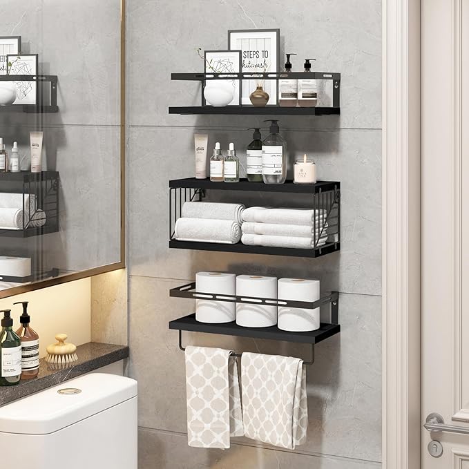 Fixwal 3+1 Tier Wall Mounted Bathroom Shelves Over Toilet, Rustic Wood Floating Shelves with Metal Frame and Towel Bar for Bathroom, Kitchen, Bedroom, Living Room (Black)