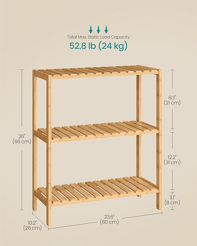 SONGMICS Bamboo Storage Shelf, 3-Tier Shelving Unit, Multifunctional, in The Entryway, Bathroom, Living Room, Balcony, Kitchen, 10.2 x 23.6 x 26 Inches, Light Bamboo UBCB33Y