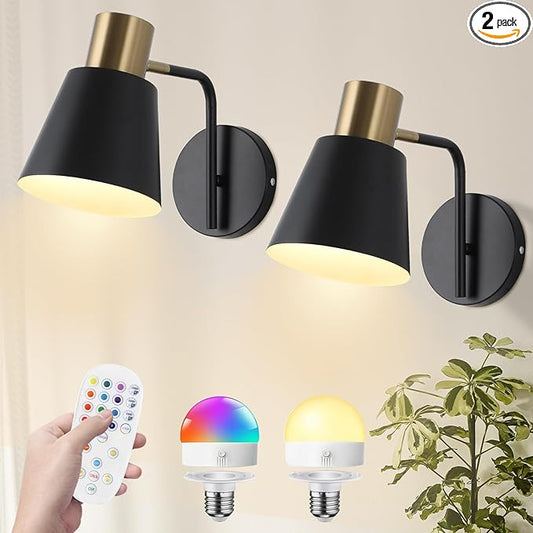 Battery Operated Wall Sconce Set of 2,Rechargeable Wall Lights with Remote Control,Black Gold Modern Wall Sconces Dimmable,15 Colors,Wireless LED Wall Lamp for Bedroom Living Room Farmhouse Hallway