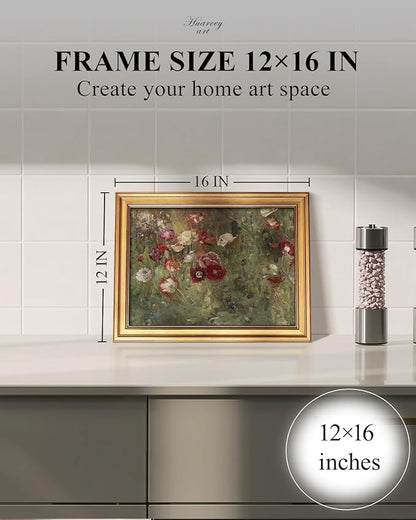 HUARCEY Framed Canvas Wall Art Prints, Bathroom Shelf Vintage Decor Aesthetic, Poppies Floral Paintings Farmhouse Wall Decor, Retro Table Desk Pictures for Bedroom Living Room, 12x16Inch