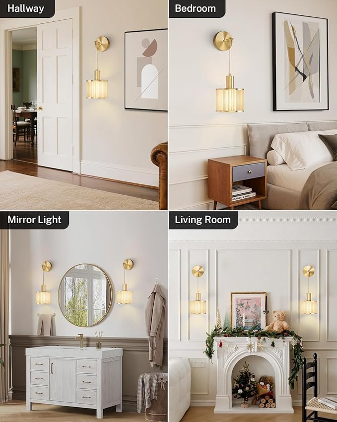 Battery Operated Wall Sconce Set of 2, Wireless Rechargeable Wall Lights with Remote Control, 9 Colors Dimmable LED Lamps, Modern Cordless Sconces for Bedroom Living Room Hallway(Gold)