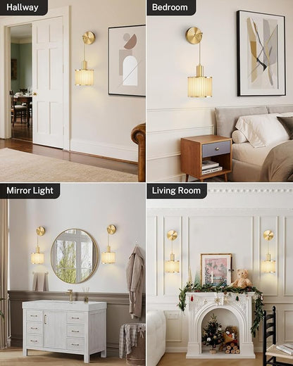 Battery Operated Wall Sconce Set of 2, Wireless Rechargeable Wall Lights with Remote Control, 9 Colors Dimmable LED Lamps, Modern Cordless Sconces for Bedroom Living Room Hallway(Gold)