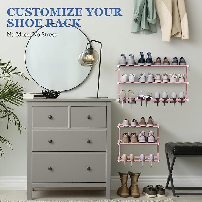 Wall Mounted Shoe Rack, 3 Tier Hanging Shoe Rack Holds 12 Pairs, 17