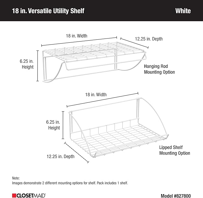 ClosetMaid 8278 18-Inch Wide Laundry Utility Hanger Shelf, White