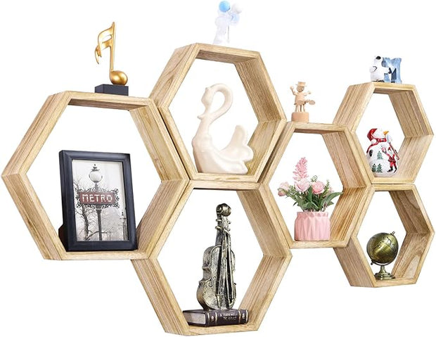 NOVIMANGO Hexagonal Floating Shelves Wall Mounted Set of 6 Wooden Hexagon Shelves Farmhouse Storage Honeycomb Shelves Hexagon Hanging Shelves Rustic Geometric Shelf for Nursery Bedroom Living Room