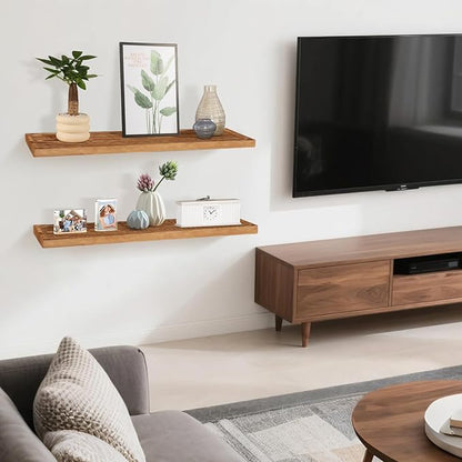 Solid Wood Floating Shelves Bathroom 36 inch Rustic Wall Wood Display Shelves with Grooves Set of 2 Home Decor for Living Room Bedroom Kitchen Farmhouse 36x6.7 inch - Brown