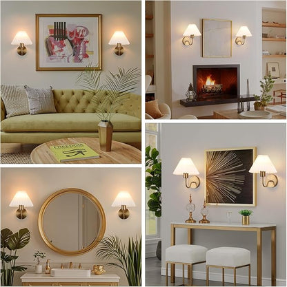 Brushed Gold Wall Sconces Sets of 2, White Pleated Fabric lampshade, Indoor Gooseneck Wall Lamp Lighting, Bathroom Dresser Hardwired sconces wall decor Fixture for Living Room Bedroom Dining Room