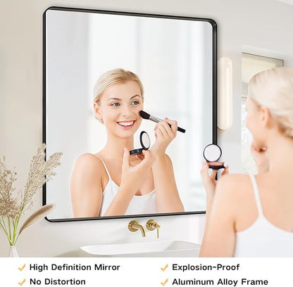 28x28 Inch Black Bathroom Mirror - Metal Framed Square Mirror for Bathroom Over Sink, Matte Wall Mirrors for Restroom, Bedroom, Entryway, High-Definition