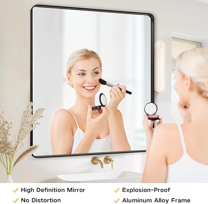 28x28 Inch Black Bathroom Mirror - Metal Framed Square Mirror for Bathroom Over Sink, Matte Wall Mirrors for Restroom, Bedroom, Entryway, High-Definition