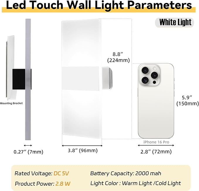 Battery Operated Wall Sconces,Rechargeable USB Wall Lamps Set of Two for Living Room Bedroom Hallway,Three Level Light Adjustment,Bedside Lights,Touch Control Switch White Light