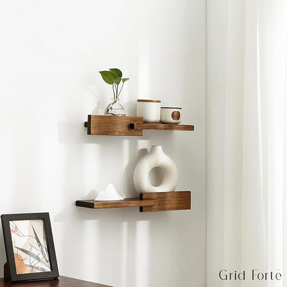 Wood Floating Shelf Set of 2, 4.5D x 15W Inch Modern Reversible Wall Shelves, Minimalism Wall Mount Hardwood Shelves, Wall Decor for Bedroom Living Room Kitchen (Walnut)