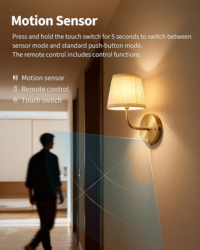 PUSU Motion Sensor Gold H9.6 inch Small Wall Sconces Set of 2, LED Cordless Rechargeable 5200mAh Battery Operated Fabric Wall Lamps with Remote, Lighting for Living Room, Bedroom, Hallway, Stairs