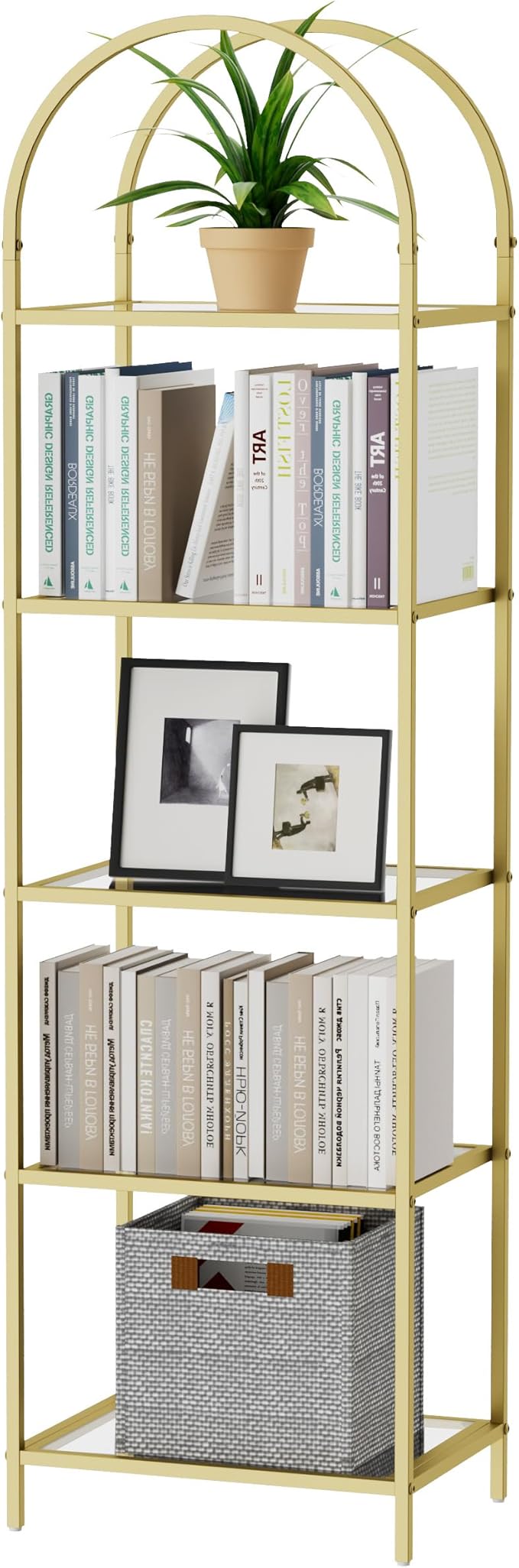 Homhedy Bookshelf Arched Display Racks,Metal Bookcase,Tempered Glass Shelves,Storage Rack Shelf for Home Office,Living Room,Bedroom, Bathroom,Modern Style (Golden, 11.8