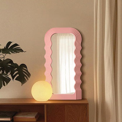 Wavy Mirror Wall Decor for Girly Bedroom, 14x28 Abstract Decorative Mirrors for Modern Apartment Nursery Room Decoration, Large Hanging Wall Art Above Dresser Desk Table Decor (Light Pink)