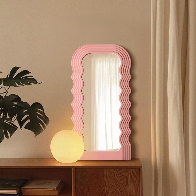 Wavy Mirror Wall Decor for Girly Bedroom, 14x28 Abstract Decorative Mirrors for Modern Apartment Nursery Room Decoration, Large Hanging Wall Art Above Dresser Desk Table Decor (Light Pink)